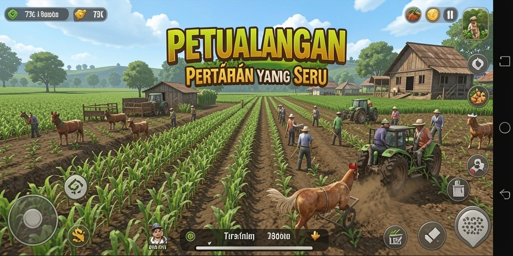 Tampilan gameplay <strong>73K</strong> yang seru dengan suasana pertanian.