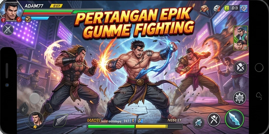 Tampilan utama gameplay ADAM77 dengan pertarungan intens.