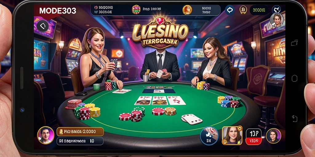 Screenshot gameplay menunjukkan dealer profesional dan suasana kasino yang mendebarkan.