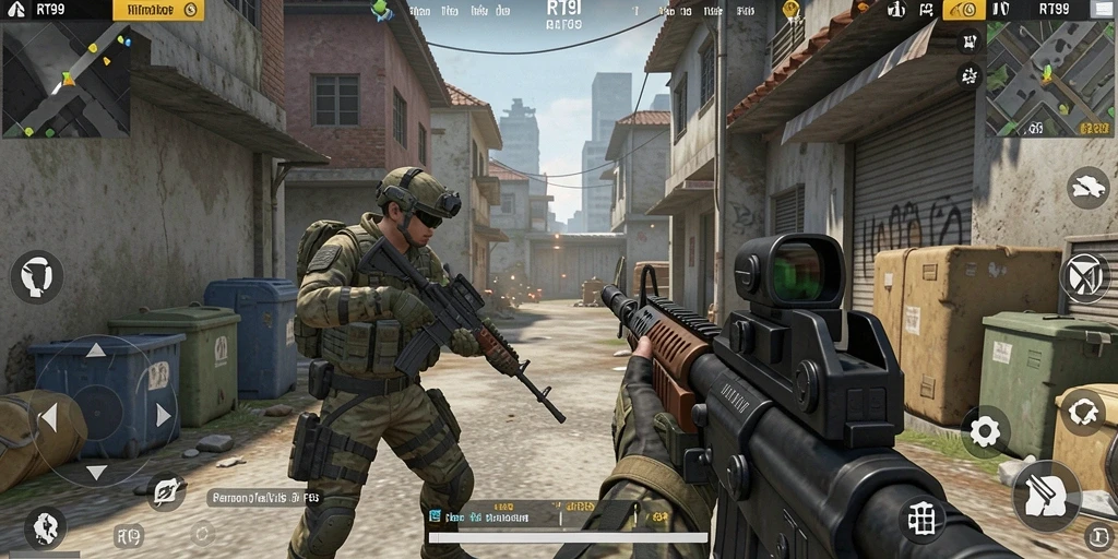 Screenshot gameplay RT99 yang menunjukkan aksi tembak-menembak yang mendebarkan.