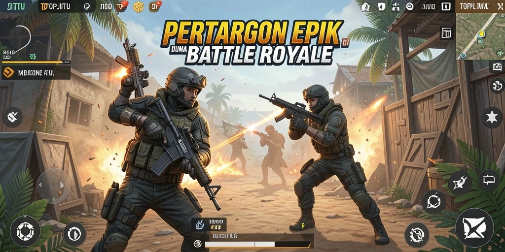 Screenshot gameplay TOPJITU menampilkan aksi Battle Royale yang mendebarkan.